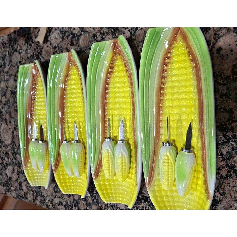 VINTAGE Woolworth's Yellow Green Ceramic Corn on the Cob Serving Dish & Holder